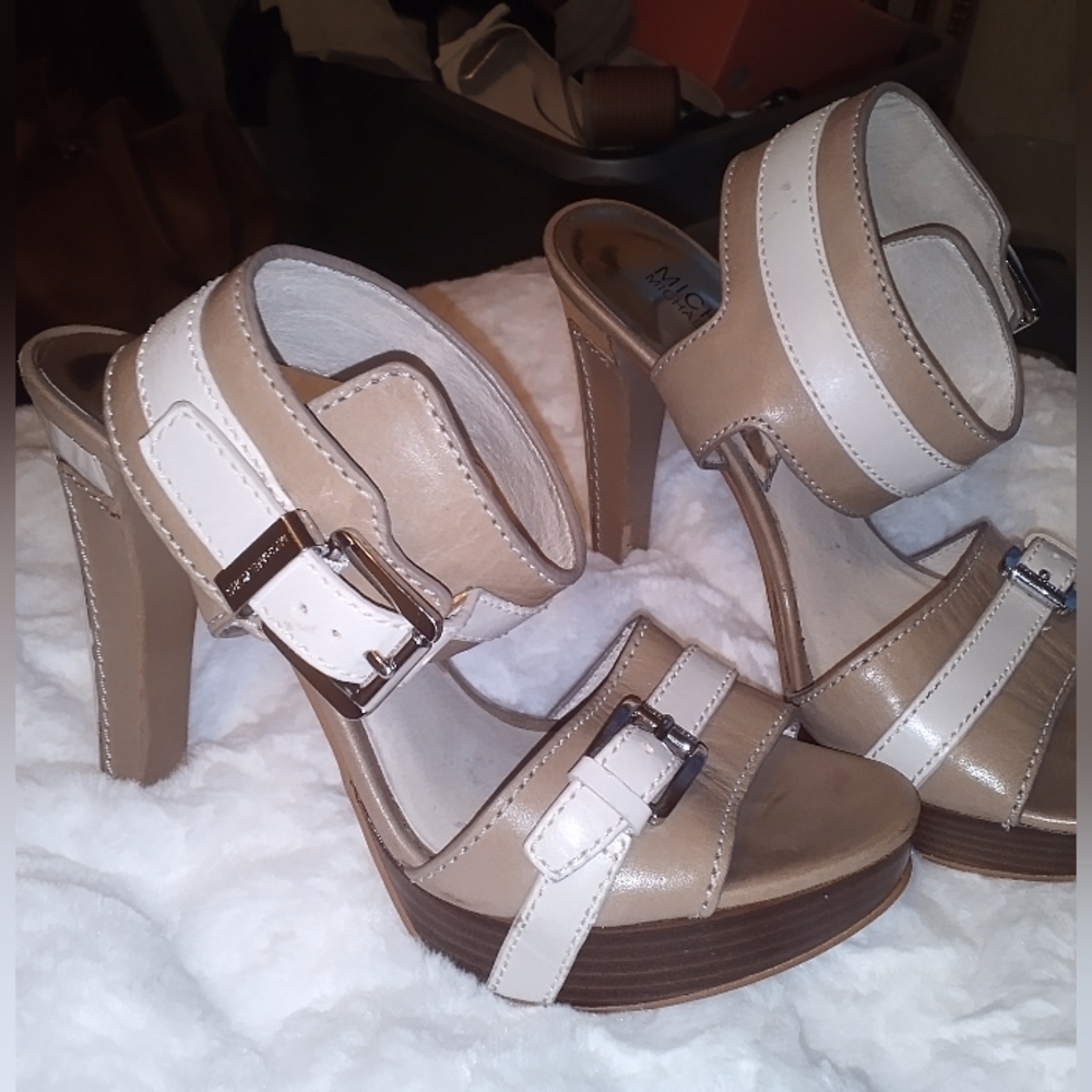 Michael Kors Tan and White Heeled Sandals